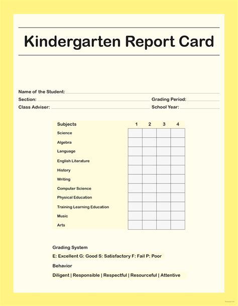 homeschool kindergarten report card template